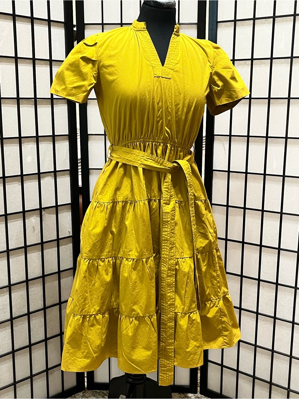 MAUDE VIVANTE Women's Tiered Short-Sleeve Belted Dress in Mustard Yellow SIZE S